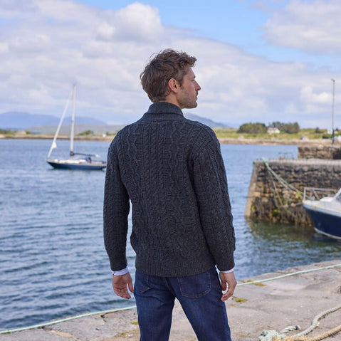 Men's Aran Shawl Collar Zip Cardigan