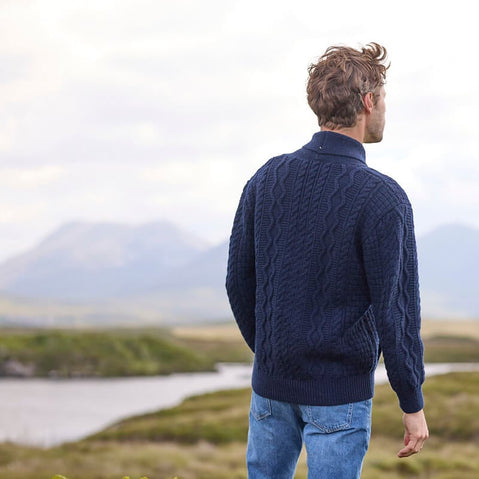 Men's Aran Shawl Collar Zip Cardigan