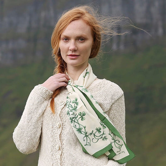 Cream & Green Shamrock Silk Scarf