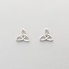 A pair of silver Celtic trinity knot earrings on a white background.