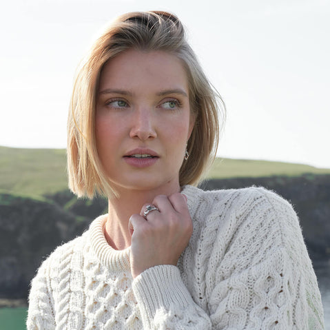 Image featuring the Silver Connemara Marble Claddagh Ring, crafted in sterling silver with authentic Connemara marble and the iconic Claddagh symbol representing love, loyalty, and friendship, inspired by Ireland's rich heritage and natural beauty.