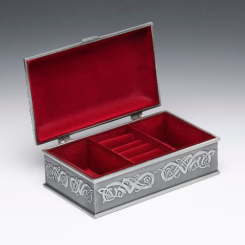 Large Mullingar pewter jewelry box with Celtic knot engraving, shown open to reveal a deep red velvet-lined interior with divided compartments.