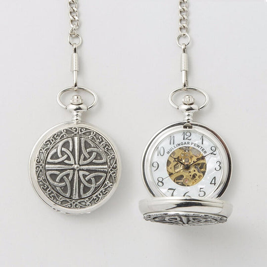 A silver mechanical pocket watch with a trinity knot design on the front cover, displayed against a white background.