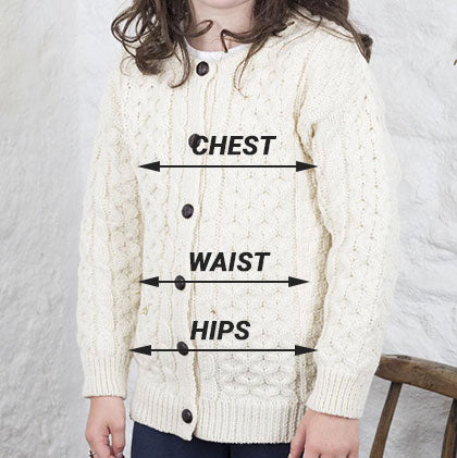 Kids' Aran cardigan showing where to measure