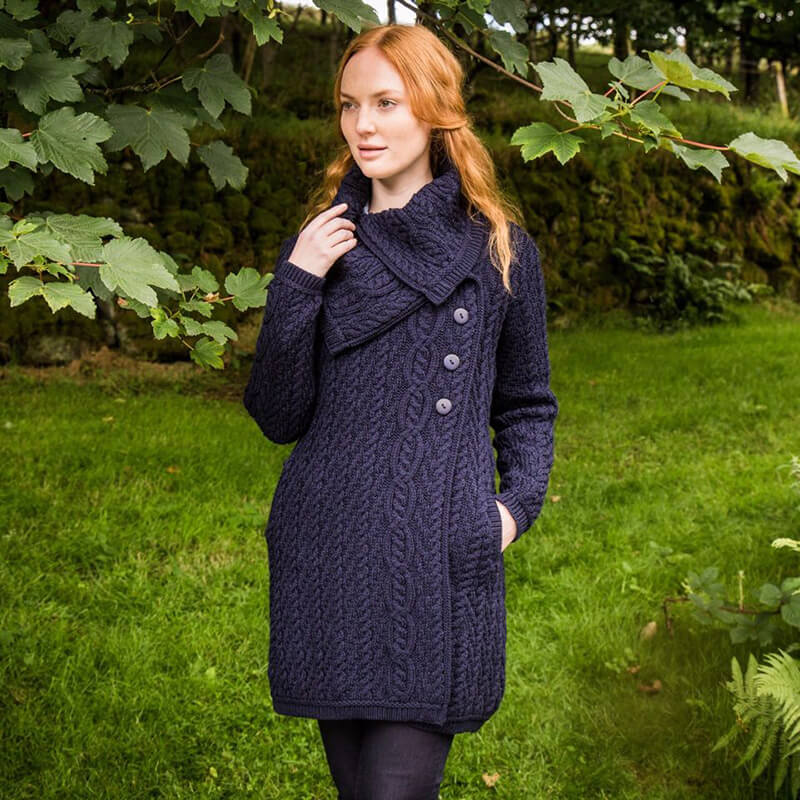 Ladies Aran Wide Collared Button Coat- The Irish Store