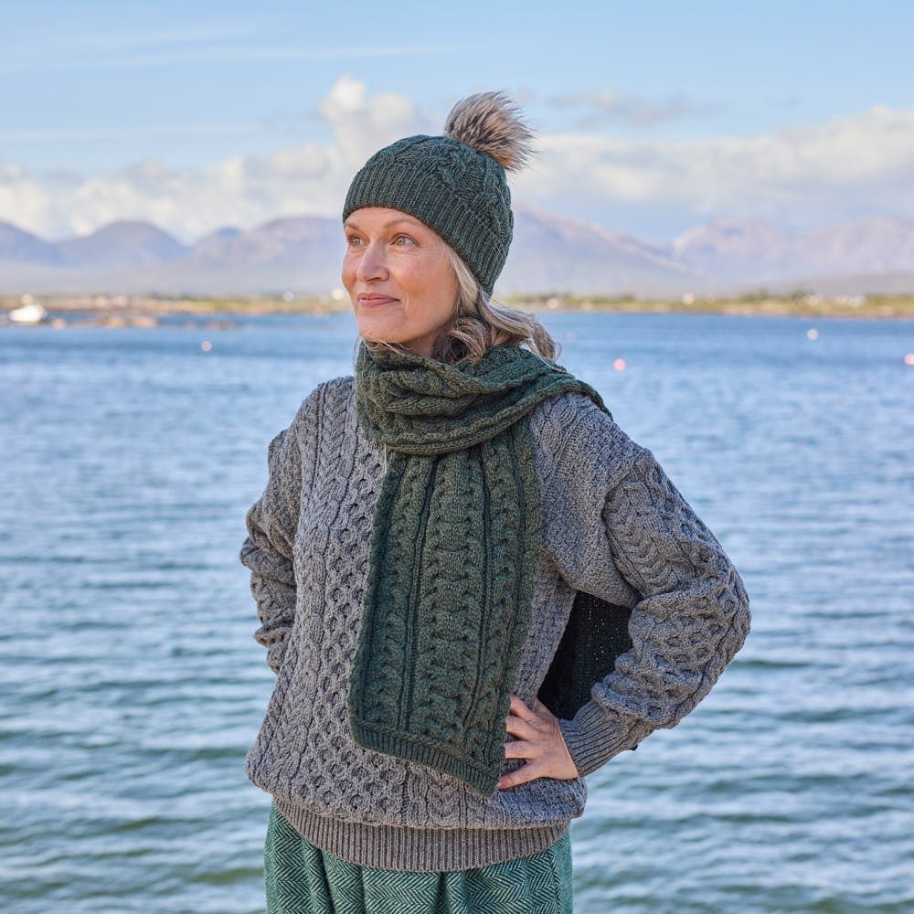 Green Aran Cable Knit Hat & Scarf Set at The Irish Store