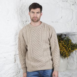 Carraig Donn Men's Traditional Merino Wool Aran Sweater Oatmeal