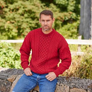 New Red Traditional Merino Aran Sweater A823014 SML