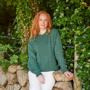 Women's Traditional Aran Sweater-Moss Green-S