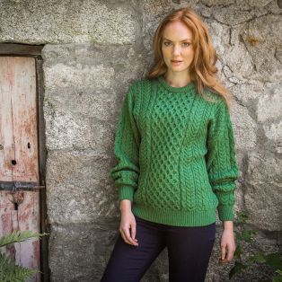Women's Traditional Merino Wool Aran Sweater Green Small