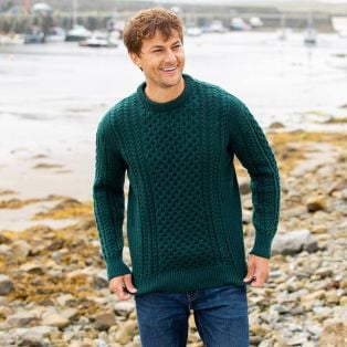 Men's Traditional Merino Wool Aran Sweater Dark Green Small