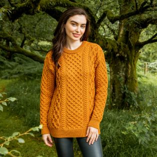 Women's Golden Ochre Blasket Honeycomb Stitch Aran Sweater 