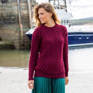 Women's Donegal Merino Wool Blasket Claret Aran Sweater  Large