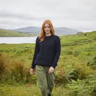 Women's Honeycomb Blasket Irish Aran Sweater Navy LARGE