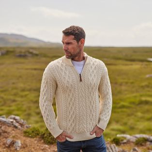 Mens Half Zip Irish Aran Sweater-Cream-S
