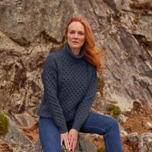 Women's Irish Aran Turtleneck Sweater Charcoal Large
