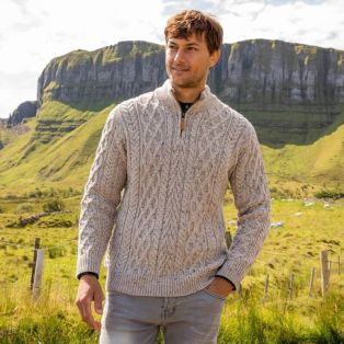 Mens Half Zip Irish Aran Sweater Beige Small