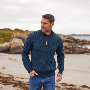 Mens Half Zip Irish Aran Sweater Navy Medium