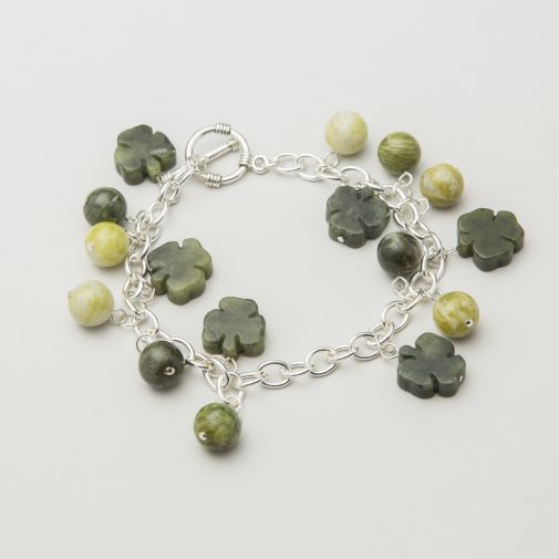 Sterling Silver Charm Bracelet ~ Shamrocks & Beads Connemara Irish Marble