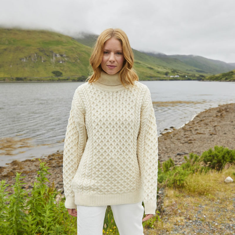 Women's Irish Aran Turtleneck Sweater Cream XXL