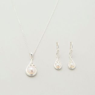 Sterling Silver Half Pearl Trinity Knot Pendant and Earrings Set
