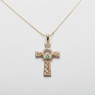 Diamond & Emerald Claddagh Cross Pendant 14k