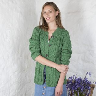 Ladies’ Merino Wool A Line Aran Cardigan Green