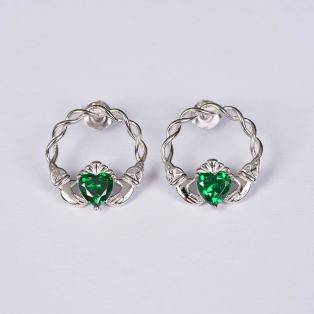 Silver Green Stone Claddagh Stud Earrings 

