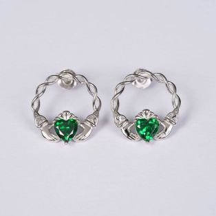 Silver Green Stone Claddagh Stud Earrings 
