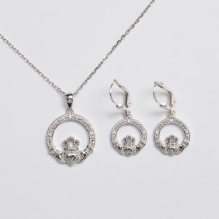 Sterling Silver Claddagh Drop Earrings & Pendant Jewelry Set